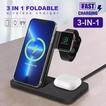 Беспроводное зарядное устройство Qi 3 в 1 для Apple Watch Airpods Station для IPhone 13 12 11 Pro Max X Xs Xr 8 Samsung Galaxy S30 S21 S20 S10 S9 Huawei чёрный