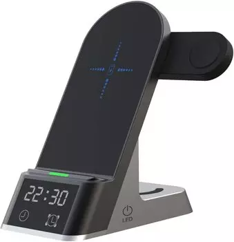 Беспроводное зарядное устройство с будильником и цифровой светодиодной подставкой для iPhone 14 13 12 Pro Max Apple Watch SE/8/7/2 Airpods 4/3/2 Galaxy Buds Быстрая зарядка чёрный