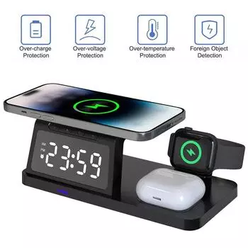 Беспроводное зарядное устройство, станция быстрой зарядки, беспроводное зарядное устройство 5 в 1, держатель для часов и телефона, зарядные устройства для мобильных телефонов, умные часы для спальни чёрный