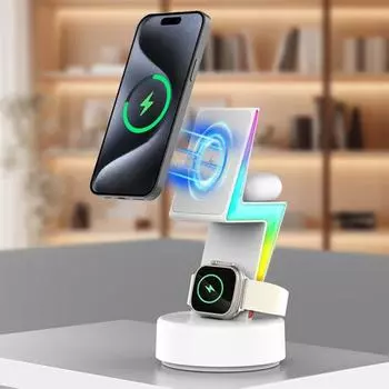 Беспроводное зарядное устройство Yousheng 3-в-1 с RGB-подсветкой, магнитная подставка для быстрой зарядки, интеллектуальное распознавание зарядного устройства для iPhone/iWatch/для Airpods