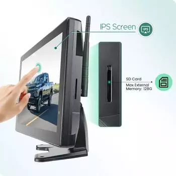 Беспроводной 10-дюймовый AI-радар слепых зон BSD-сигнализация DVR-регистратор с монитором, 4-канальным сенсорным экраном, ИК-камера для грузовиков/прицепов/автобусов/автодомов/пикапов/внедорожников None
