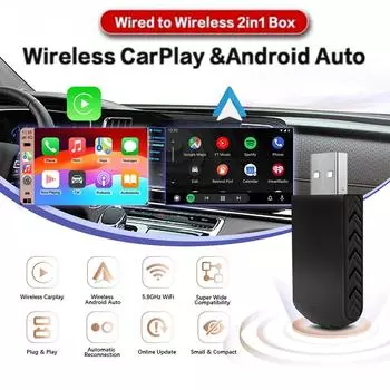 Беспроводной адаптер Carplay 2 в 1 Mini Box WiFi Fast Connect Проводное подключение к беспроводному Android Auto для USB/Type C Dongle Plug And Play