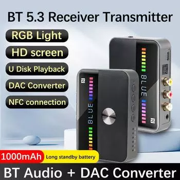 Беспроводной адаптер NFC Bluetooth 5.3 3,5 мм AUX RCA коаксиальный оптический ЦАП преобразователь RGB цветной свет автомобильные аксессуары USB аудио приемник передатчик Black