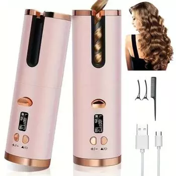 Беспроводной автоматический щипцы для завивки волос с 6 регулируемыми температурами и таймером, перезаряжаемый, быстрый нагрев волос розовый/золотой
