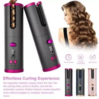 Беспроводной автоматический щипцы для завивки волос с 6 регулируемыми температурами и таймером, перезаряжаемый, быстрый нагрев волос розовый/золотой