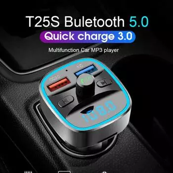 Беспроводной Bluetooth 5.0 FM-передатчик Автомобильный MP3-плеер со светодиодной подсветкой QC3.0 Автомобильное радио Bluetooth-адаптер Музыкальный плеер Комплект громкой связи для автомобиля Двойное зарядное устройство USB чёрный