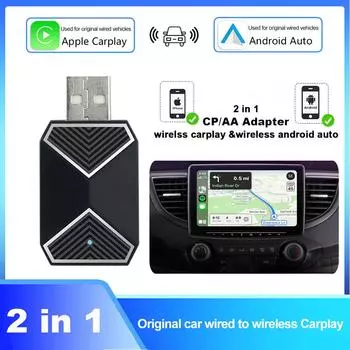 Беспроводной CarPlay Android Auto AI Box адаптер Cars BT WiFi 2 в 1 AI Box голосовой помощник USB Plug&Play для проводного CarPlay Android чёрный