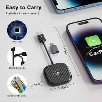 Беспроводной Carplay Bluetooth 5.0 Оригинальный автомобильный проводной к беспроводному углеродному волокну Carplay автомобильный адаптер Carplay углеродное волокно квадратный чёрный