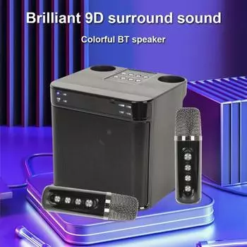Беспроводной динамик для караоке с двумя микрофонами, светодиодная подсветка, Hi-Fi стереозвук, слот для TF-карты, динамик для караоке чёрный