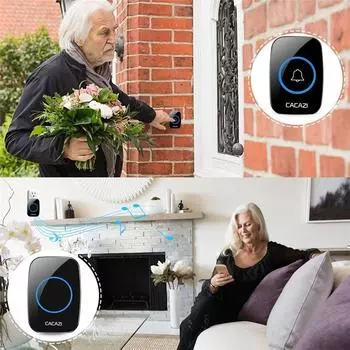 Беспроводной дверной звонок с батарейным питанием, 2 дистанционных кнопки + 1 подключаемый приемник, черный чёрный