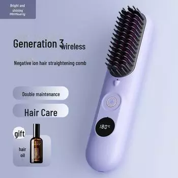 Беспроводной керамический нагреваемый ЖК-выпрямитель для волос с расческой и быстрой зарядкой через USB чёрный