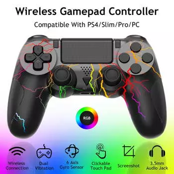 Беспроводной контроллер для PS4 с RGB-подсветкой, дистанционный игровой джойстик, совместимый с PlayStation 4/PS4 Slim/PS4 Pro/ПК RGB Lightin чёрный