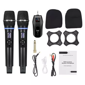 Беспроводной микрофонный приемник с ручным микрофоном UHF с функцией подавления воя и реверберации 1 Receiver with 1 Microphone чёрный