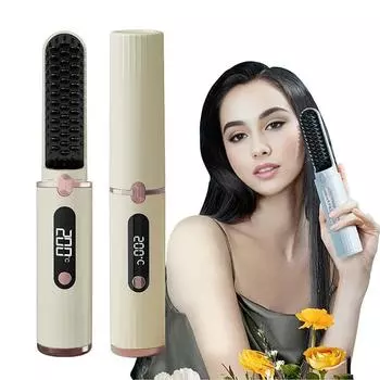 Беспроводной отрицательный ион выпрямляющий гребень для волос для дома и путешествий портативный электрический нагревательный выпрямитель для волос против ожогов для женщин бежевый