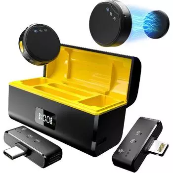 Беспроводной петличный микрофон с разъемом Lightning/USB C(2 TX 2 RX зарядный кейс), мини-микрофон с шумоподавлением, аккумулятор на 35 ч, петличный микрофон чёрный