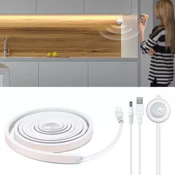 Беспроводной PIR датчик движения USB светодиодный неоновый свет COB Strip DC5V светодиодный ночник лента для кухни, спальни, шкафа, украшения стены 1m теплый белый