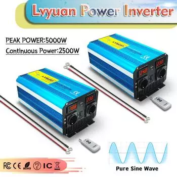 Беспроводной пульт дистанционного управления Чистая синусоида постоянного тока от 12 В/24 В до переменного тока 220 В 2500 Вт/5000 Вт Светодиодный дисплей напряжения ЕС/универсальный преобразователь питания 220 В Инвертор мощности для кемпинга