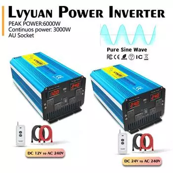 6000 Вт (Вершина горы) 12 В до 220 В 3000 Вт Номинальная мощность Чистый синусоидальный инвертор с дисплеем для грузовика, автофургона, домашняя солнечная автономная система 12V AU Socket синий