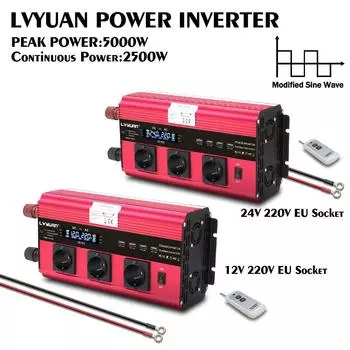 Беспроводной пульт дистанционного управления с модифицированной синусоидальной волной от 12 В/24 В постоянного тока до 220 В, 2500 Вт, непрерывный/5000 Вт, пиковая мощность, преобразователи с розетками европейского стандарта, преобразователь мощности 220