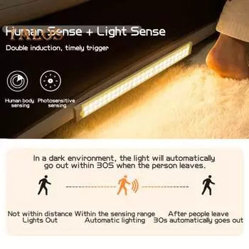 Беспроводной светодиодный светильник для шкафа с мягким свечением, без мерцания, широкий угол обзора, перезаряжаемый датчик движения, прикроватная лампа 20cm White Light.