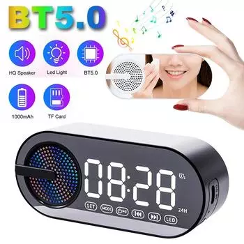 Беспроводной тихий Bluetooth-динамик с будильником RGB TWS USB LED Зеркальные цифровые часы FM с большим дисплеем для гостиной и офиса чёрный