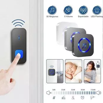 Беспроводной водонепроницаемый умный дверной звонок для домашней безопасности, 55 песен, 5 уровней громкости, цветной светодиодный мигающий дверной звонок EU Plug чёрный