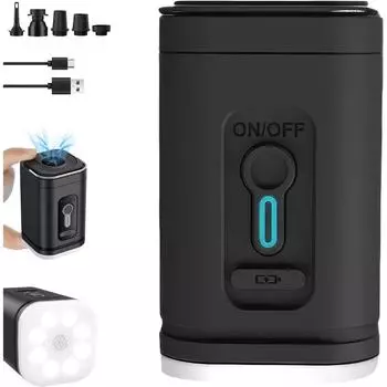 Беспроводной воздушный насос Портативный электрический воздушный компрессор Насос для накачивания и сдувания с 5 насадками Светодиодная подсветка для бассейна Надувной матрас чёрный