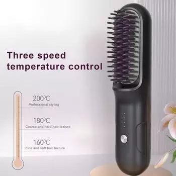 Беспроводной выпрямитель для волос, 3 температуры, быстрый нагрев, USB-зарядка, портативная дорожная горячая щетка, электрическая пушистая вьющаяся расческа для укладки волос чёрный