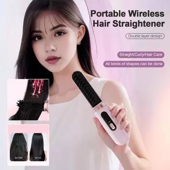 Беспроводной выпрямитель для волос, щетка с 4 регулируемыми температурами, быстрый нагрев, перезаряжаемый через USB, портативная горячая щетка с отрицательными ионами, электрическая расческа для укладки вьющихся волос слоновая кость