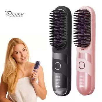 Беспроводной выпрямитель для волос Щетка 3 температурных режима Регулируемый светодиодный дисплей Быстрый нагрев Портативная дорожная электрическая горячая щетка Укладка вьющихся волос чёрный