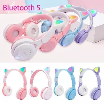 Беспроводные наушники Bluetooth 5.0, милые кошачьи уши, складные наушники с микрофоном, стереофонические музыкальные наушники с шумоподавлением розовый