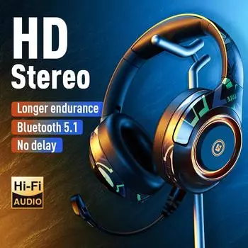 Беспроводные наушники Bluetooth 5.1 с шумоподавлением, игровая гарнитура с HD-микрофоном, светящаяся гарнитура, поддержка наушников TF Play для игрового ноутбука чёрный