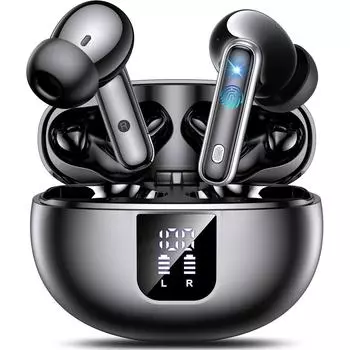 Беспроводные наушники Bluetooth 5.4 с двумя микрофонами с шумоподавлением, глубокими басами, стереозвуком, 36-часовым временем воспроизведения, светодиодным дисплеем, водонепроницаемостью IP7