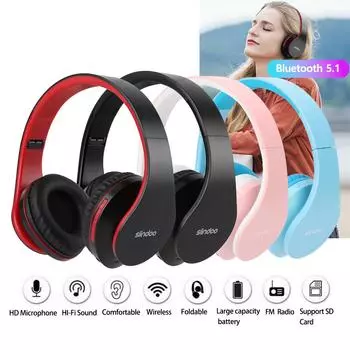 Беспроводные наушники Bluetooth-гарнитура с шумоподавлением над ухом и слотом FM SD чёрный/красный