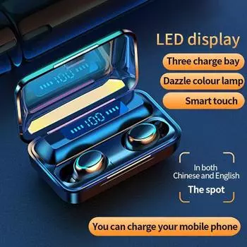 Беспроводные наушники Bluetooth TWS Водонепроницаемые наушники F9 Батарея Дисплей Зарядное устройство Мини Спорт Шумоподавление чёрный