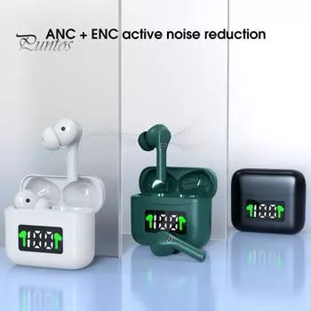Беспроводные наушники с цифровым дисплеем, активным шумоподавлением, зарядным устройством, совместимым с Bluetooth, 5.2-дюймовыми наушниками с микрофоном для бега темно-зеленого