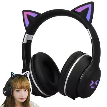 Беспроводные наушники с кошачьими ушками Bluetooth и радужной инструкцией на японском языке, легко подходящие по размеру, знак соответствия для студентов [чернильные чипы], черные, 5.1, чёрный