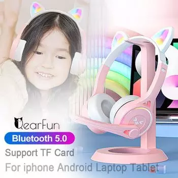 Беспроводные наушники с милыми кошачьими ушками, Bluetooth 5,0, гарнитура RGB, стерео музыкальный шлем, мобильный телефон с микрофоном, подарок для детей розовый
