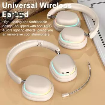 Беспроводные наушники с RGB-подсветкой Легкая конструкция Универсальные складные Bluetooth-совместимые игровые наушники с микрофоном бежевый