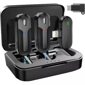 Беспроводные петличные микрофоны, 2 шт., 2,4G, мини-микрофон с зажимом на лацкане и шумоподавлением для записи видео, интервью, видеоблогов, прямых трансляций for Iphone