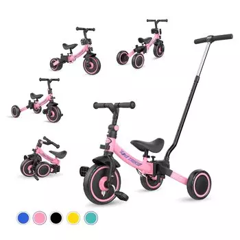 Besrey Трехколесный велосипед XIN1 Трехколесный велосипед с рулевым управлением, беговая коляска, толкатель для детей от 1 до 5 лет, складная легкая ручка, регулируемая, подарок на день рождения розовый