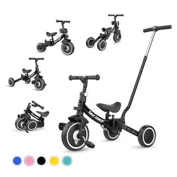 Besrey Трехколесный велосипед XIN1 Трехколесный велосипед с рулевым управлением, беговая коляска, толкатель для детей от 1 до 5 лет, складная легкая ручка, регулируемая, подарок на день рождения чёрный