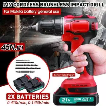 Бесщеточная электрическая дрель 21 В 3/8 дюйма Аккумуляторная отвертка Перезаряжаемый бытовой электроинструмент с аккумулятором 2000 мАч и сверлом Machine