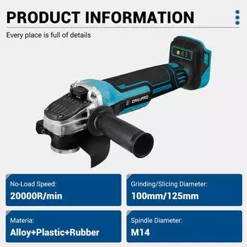 Бесщеточная угловая шлифовальная машина Drillpro с высокопроизводительной шлифовкой, скорость 20000 об/мин, скорость холостого хода, универсальный шлифовальный диск 125 мм, шпиндель M14, идеально подходит для домашних работ и