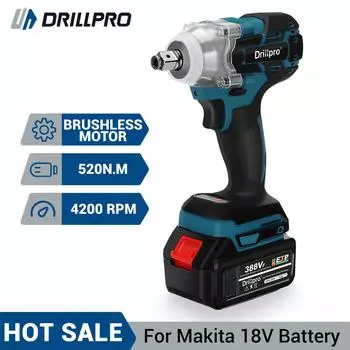 Бесщеточный ударный гайковерт Drillpro с высоким крутящим моментом 520 Нм, переменной скоростью 0–4200 об/мин, сверхмощным строительным инструментом с аккумулятором емкостью 13 000 мАч. Идеально подходит для
