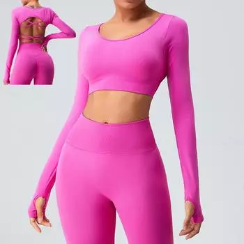 Бесшовная футболка для йоги с длинным рукавом и открытой спиной, женские сексуальные топы для йоги с полым крестом, женские спортивные футболки для бега, фитнеса, одежды 30701 S коричневый