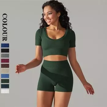 Бесшовная одежда Nessaj для йоги, вязаный женский комплект для спортзала, топ с короткими рукавами для фитнеса, шорты для бега, тренировочная экипировка