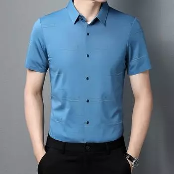 Бесшовная рубашка из ледяного шелка, мужская, с коротким рукавом, новая повседневная деловая шелковистая гладкая рубашка с коротким рукавом без утюга, высокоэластичная полосатая рубашка M