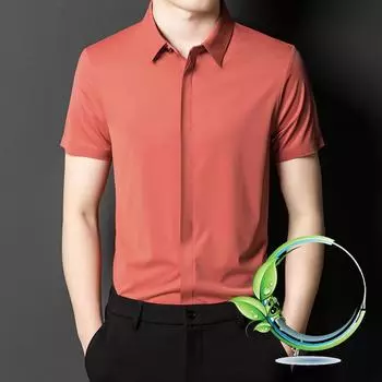 Бесшовная рубашка из шелка Ice Silk с короткими рукавами, не требующая глажки, летняя, новый стиль, для молодежи и среднего возраста, деловая, повседневная, тонкая, высокоэластичная рубашка для мужчин M