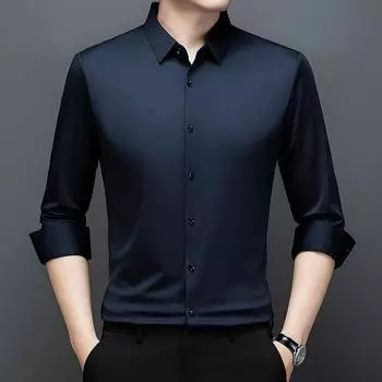 Бесшовная рубашка с длинным рукавом для мужчин. Мужская рубашка на весну и осень. Не мнется, не требует глажки, однотонная. 165 чёрный